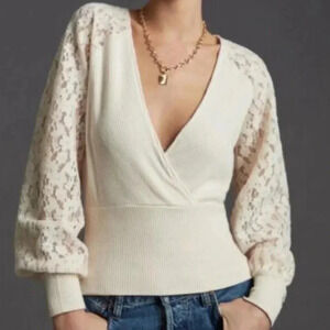 Anthropologie Lace Sleeve Lightweight Sweater Top Size Medium